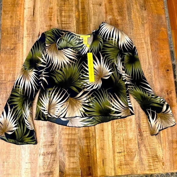 Catherine Malandrino 100% pure Silk Tropical floral blouse Top green black NWT